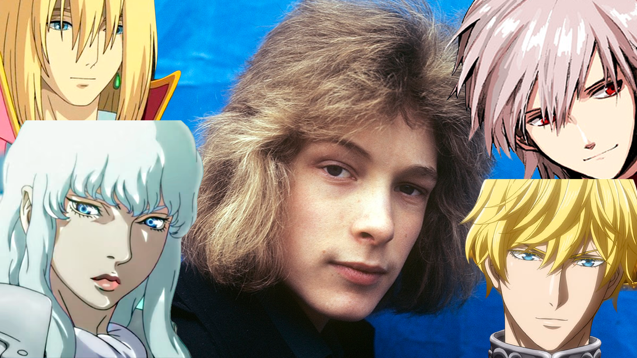 oto de Bjorn Andrésen jovem ao centro, cercado por ilustrações de quatro personagens de anime com características visuais similares: cabelos loiros ou prateados, olhos claros e traços delicados, representando o arquétipo bishōnen que ele inspirou.