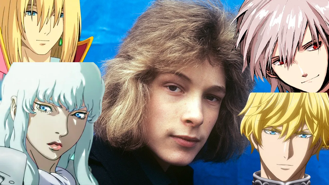 oto de Bjorn Andrésen jovem ao centro, cercado por ilustrações de quatro personagens de anime com características visuais similares: cabelos loiros ou prateados, olhos claros e traços delicados, representando o arquétipo bishōnen que ele inspirou.