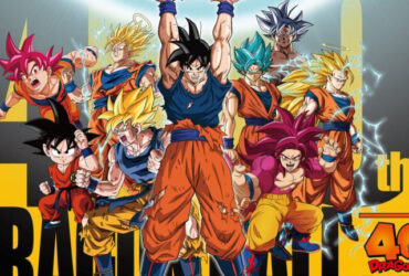 Todas as formas de Goku aparecem lado a lado, desde sua infância até as transformações Super Saiyajin, em uma arte comemorativa dos 40 anos de Dragon Ball.