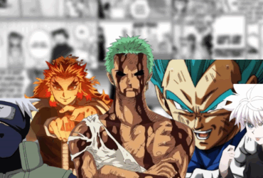 Montagem com personagens de anime que se tornaram mais populares que os protagonistas: Kakashi (Naruto), Rengoku (Demon Slayer), Zoro (One Piece), Vegeta (Dragon Ball) e Killua (Hunter x Hunter).