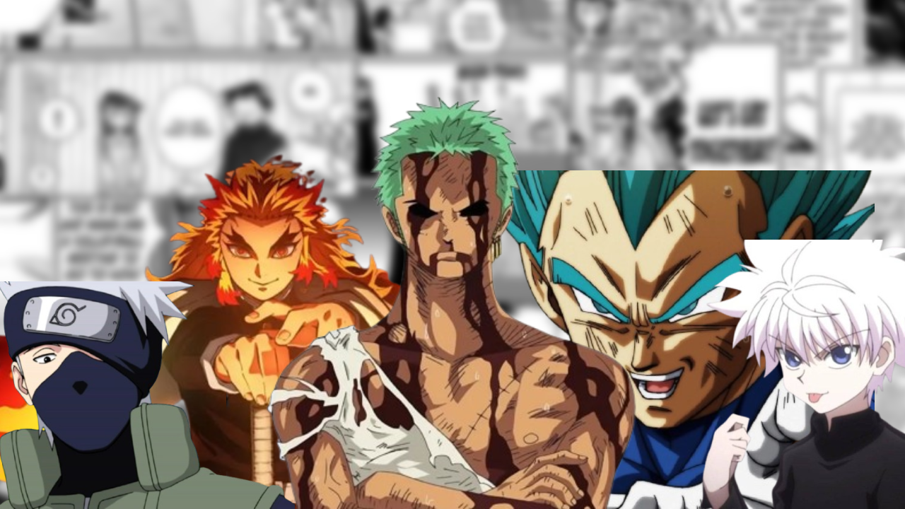 Montagem com personagens de anime que se tornaram mais populares que os protagonistas: Kakashi (Naruto), Rengoku (Demon Slayer), Zoro (One Piece), Vegeta (Dragon Ball) e Killua (Hunter x Hunter).