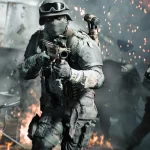 Soldado fortemente armado avança em meio a explosões e destroços durante uma batalha intensa em Battlefield 6.