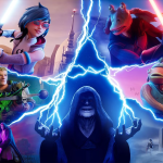 Cena de ação de Fortnite mostrando vários personagens em combate, com efeitos de energia azul e cenário vibrante. Imagem promocional da Epic Games.
