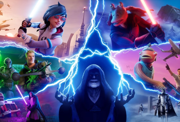 Cena de ação de Fortnite mostrando vários personagens em combate, com efeitos de energia azul e cenário vibrante. Imagem promocional da Epic Games.