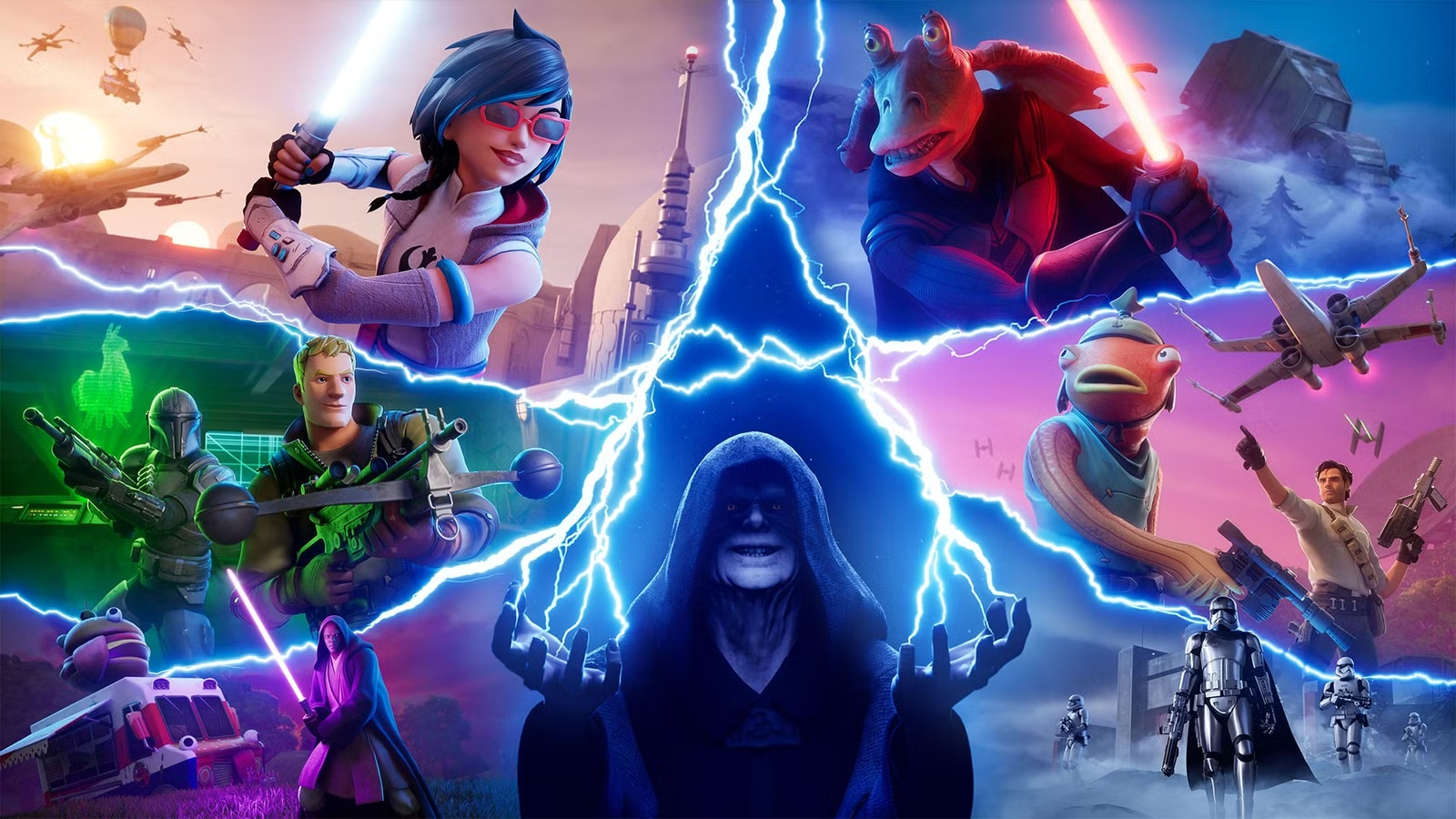 Cena de ação de Fortnite mostrando vários personagens em combate, com efeitos de energia azul e cenário vibrante. Imagem promocional da Epic Games.