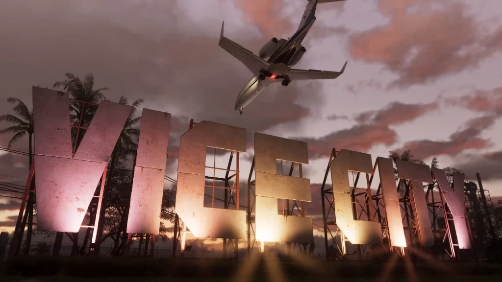 Avião passando por cima do icônico letreiro de Vice City ao pôr do sol em uma cena de GTA 6.