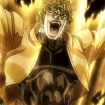 Dio Brando em JoJo’s Bizarre Adventure em sua forma mais poderosa, cercado por energia dourada.