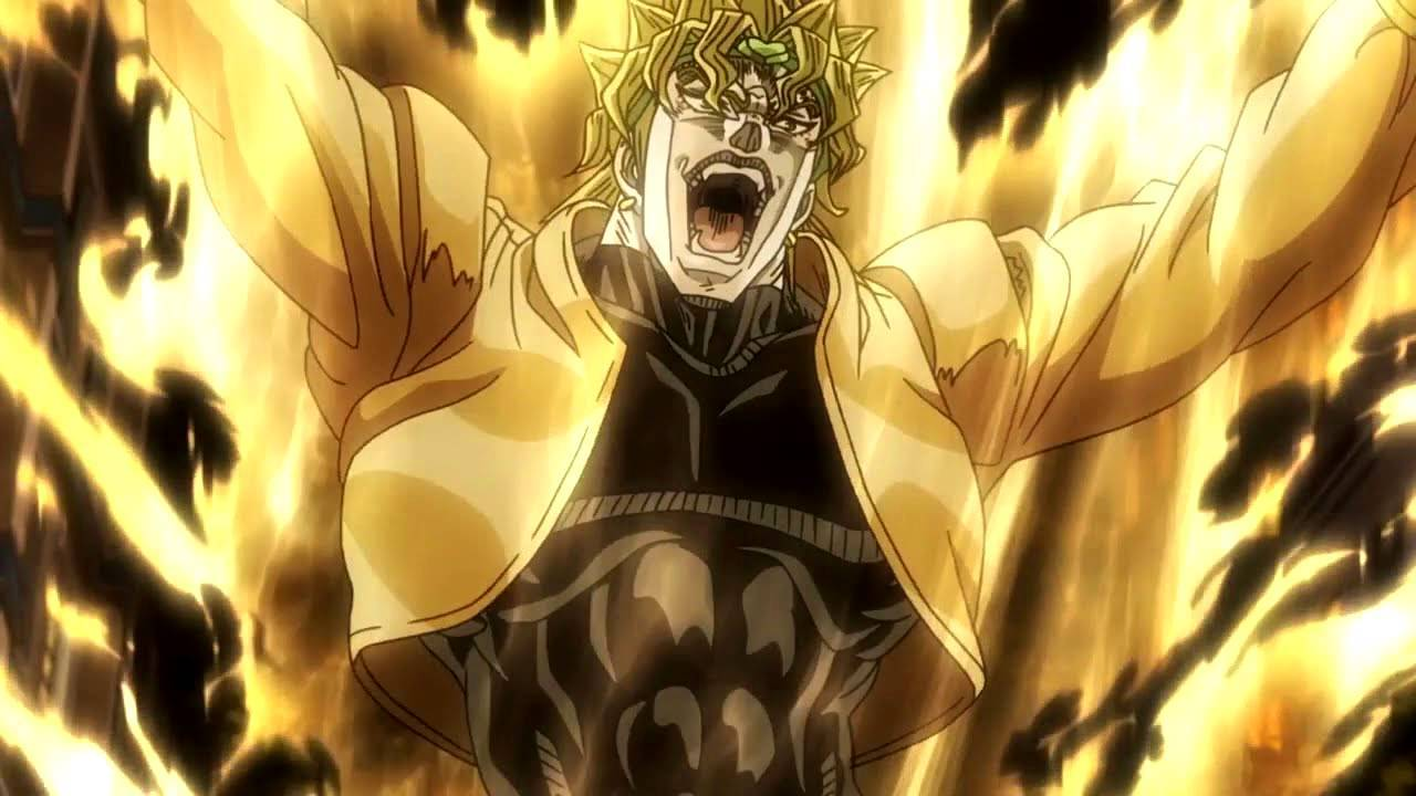Dio Brando em JoJo’s Bizarre Adventure em sua forma mais poderosa, cercado por energia dourada.