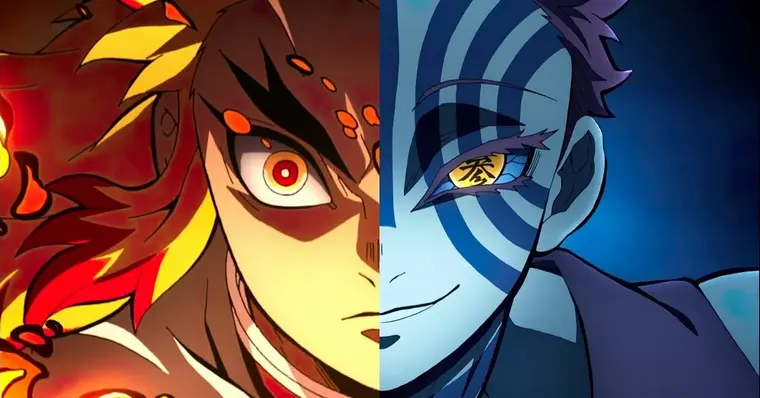 Rengoku e Akaza em Demon Slayer representando os arcos mais emocionantes dos animes shonen.