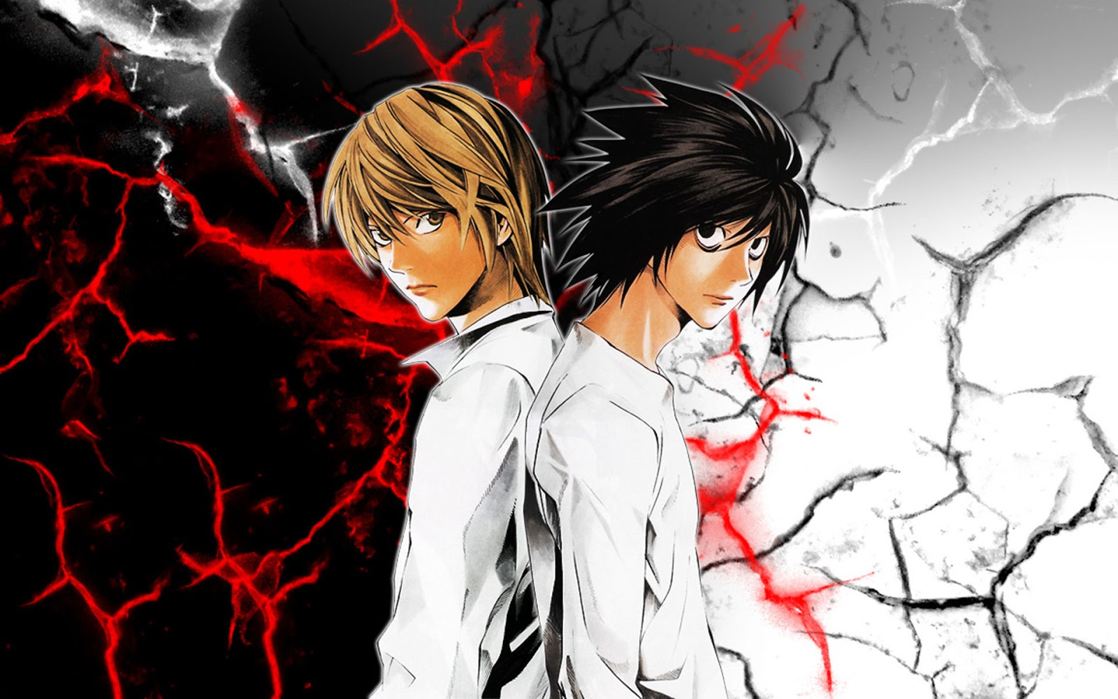 Arte de Death Note mostrando Light Yagami e L de costas, simbolizando o confronto estratégico entre os dois personagens.