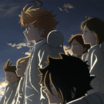 Personagens principais de The Promised Neverland olhando para frente com seriedade, simbolizando a transição do tom leve do orfanato para a realidade sombria da trama.