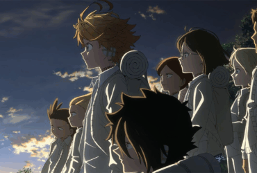 Personagens principais de The Promised Neverland olhando para frente com seriedade, simbolizando a transição do tom leve do orfanato para a realidade sombria da trama.
