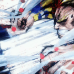 All Might enfrentando All For One em uma batalha intensa, simbolizando o sacrifício e a esperança em My Hero Academia.