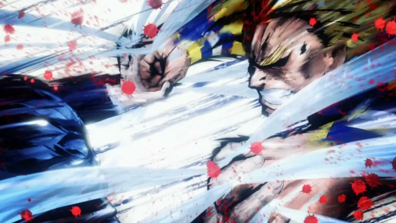 All Might enfrentando All For One em uma batalha intensa, simbolizando o sacrifício e a esperança em My Hero Academia.
