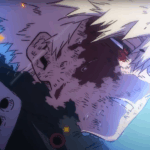 Katsuki Bakugou ferido e ensanguentado olhando para o horizonte após sua batalha em My Hero Academia, simbolizando sacrifício e redenção.