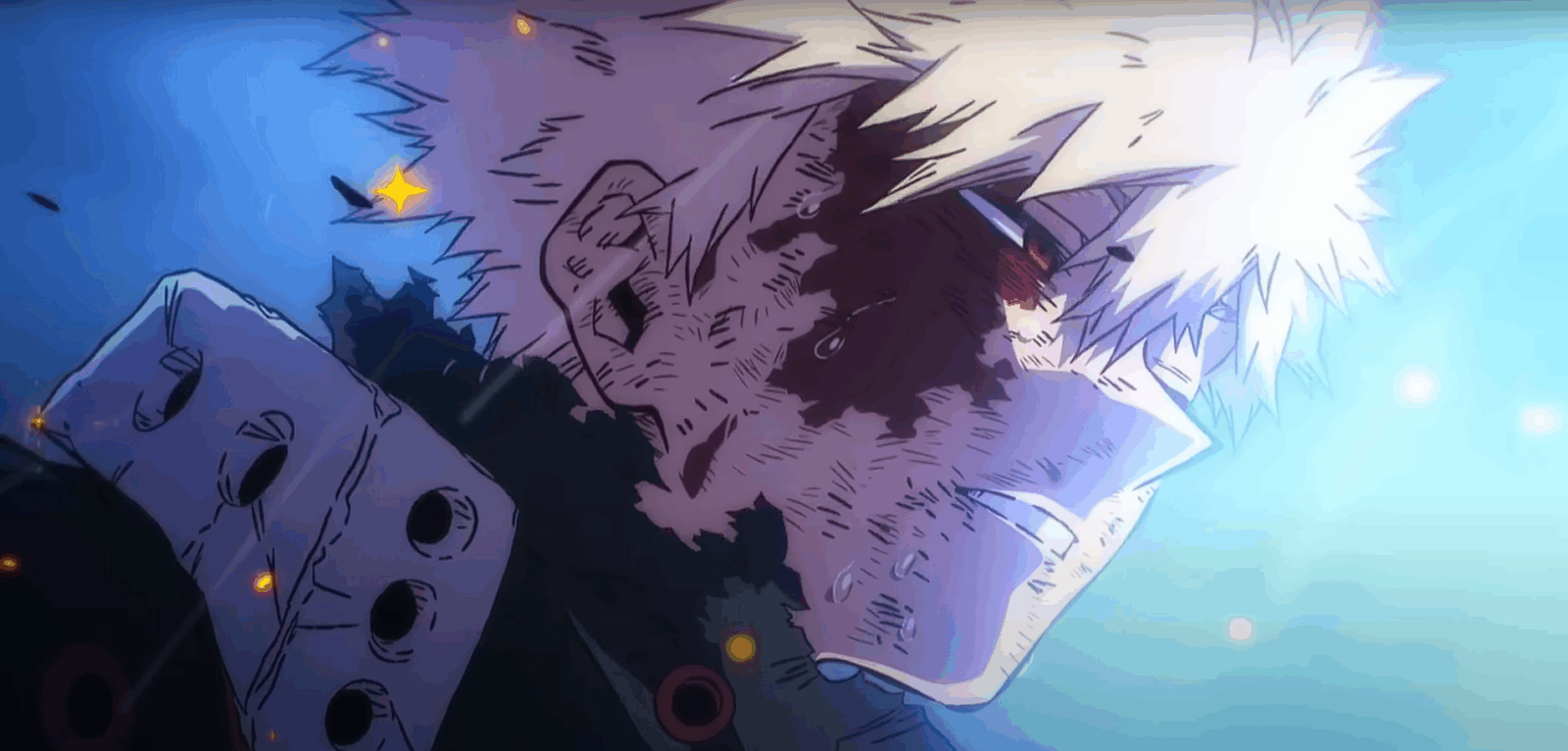 Katsuki Bakugou ferido e ensanguentado olhando para o horizonte após sua batalha em My Hero Academia, simbolizando sacrifício e redenção.