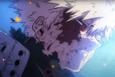 Katsuki Bakugou ferido e ensanguentado olhando para o horizonte após sua batalha em My Hero Academia, simbolizando sacrifício e redenção.