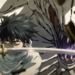 Yuta Okkotsu empunha sua katana enquanto Rika surge atrás dele, simbolizando o laço entre amor e maldição que define sua jornada em Jujutsu Kaisen 0.