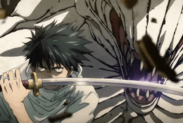 Yuta Okkotsu empunha sua katana enquanto Rika surge atrás dele, simbolizando o laço entre amor e maldição que define sua jornada em Jujutsu Kaisen 0.