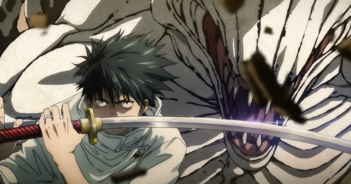 Yuta Okkotsu empunha sua katana enquanto Rika surge atrás dele, simbolizando o laço entre amor e maldição que define sua jornada em Jujutsu Kaisen 0.