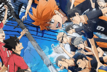 Personagens dos times Karasuno e Nekoma se enfrentam em uma arte promocional de Haikyuu!! A Batalha no Lixão, representando o clássico duelo entre amigos e rivais.