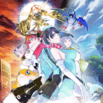 Ilustração dos personagens e Digimons de Digimon Time Stranger em frente a um cenário dividido entre cidade e natureza, representando o equilíbrio entre tecnologia e destino.