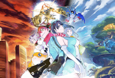 Ilustração dos personagens e Digimons de Digimon Time Stranger em frente a um cenário dividido entre cidade e natureza, representando o equilíbrio entre tecnologia e destino.