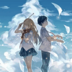 Ilustração de Kaori Miyazono segurando um violino e Kousei Arima com as mãos posicionadas como se tocasse piano, de costas um para o outro, com pétalas brancas flutuando ao redor sob um céu azul brilhante. Cena do anime Your Lie in April.