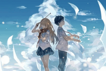 Ilustração de Kaori Miyazono segurando um violino e Kousei Arima com as mãos posicionadas como se tocasse piano, de costas um para o outro, com pétalas brancas flutuando ao redor sob um céu azul brilhante. Cena do anime Your Lie in April.