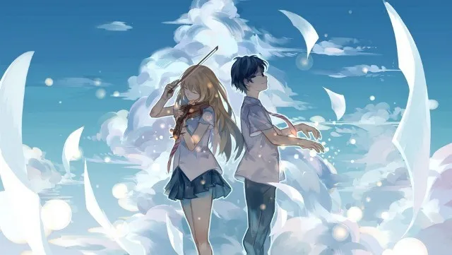 Ilustração de Kaori Miyazono segurando um violino e Kousei Arima com as mãos posicionadas como se tocasse piano, de costas um para o outro, com pétalas brancas flutuando ao redor sob um céu azul brilhante. Cena do anime Your Lie in April.