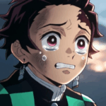 Close-up de Tanjiro Kamado, personagem de anime com cabelo preto avermelhado e brincos de hanafuda, chorando com lágrimas escorrendo pelo rosto e expressão de profunda tristeza, em cena do anime Demon Slayer