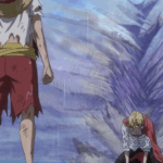 Cena dramática de anime mostrando dois personagens em momento emocional intenso com fundo azul e roxo