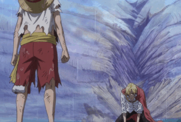 Cena dramática de anime mostrando dois personagens em momento emocional intenso com fundo azul e roxo