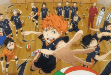 Cena de anime de vôlei mostrando jogadores uniformizados em quadra com protagonista de cabelo laranja em primeiro plano fazendo cortada