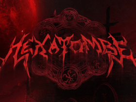 Logo de Ordem Paranormal Hexatombe em tipografia estilo terror vermelha sobreposto a símbolos circulares ocultistas em fundo vermelho e preto representando o universo paranormal