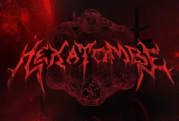 Logo de Ordem Paranormal Hexatombe em tipografia estilo terror vermelha sobreposto a símbolos circulares ocultistas em fundo vermelho e preto representando o universo paranormal