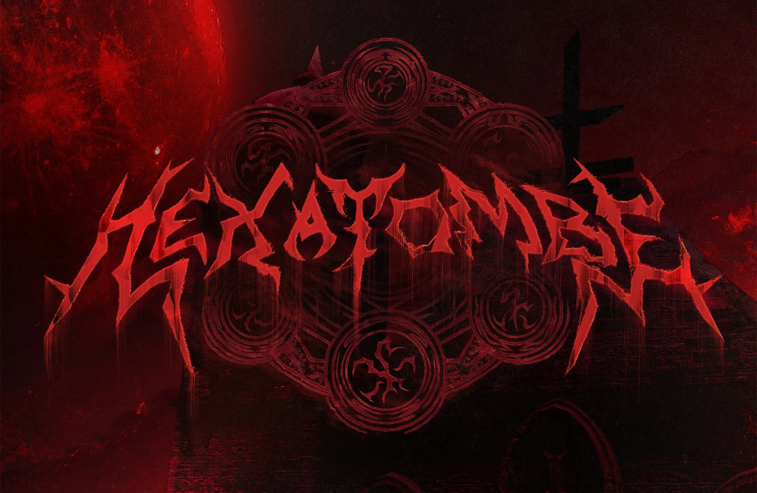 Logo de Ordem Paranormal Hexatombe em tipografia estilo terror vermelha sobreposto a símbolos circulares ocultistas em fundo vermelho e preto representando o universo paranormal