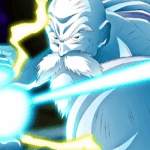 Mestre Kame em sua forma musculosa disparando um poderoso Kamehameha com energia azul brilhante