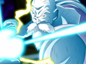 Mestre Kame em sua forma musculosa disparando um poderoso Kamehameha com energia azul brilhante