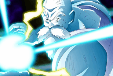 Mestre Kame em sua forma musculosa disparando um poderoso Kamehameha com energia azul brilhante