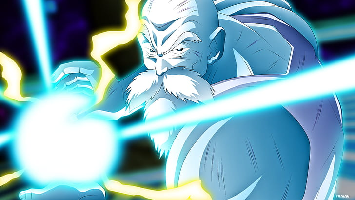 Mestre Kame em sua forma musculosa disparando um poderoso Kamehameha com energia azul brilhante