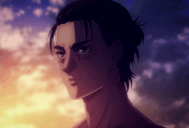 Imagem de perfil de Eren Yeager, personagem de Attack on Titan, olhando para o lado direito com expressão séria e determinada. Ele tem cabelo castanho escuro amarrado, contra um fundo de céu ao pôr do sol com tons de laranja, rosa e roxo, criando uma atmosfera dramática e melancólica.