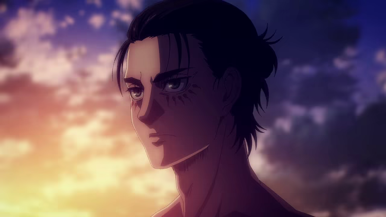 Imagem de perfil de Eren Yeager, personagem de Attack on Titan, olhando para o lado direito com expressão séria e determinada. Ele tem cabelo castanho escuro amarrado, contra um fundo de céu ao pôr do sol com tons de laranja, rosa e roxo, criando uma atmosfera dramática e melancólica.
