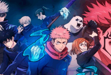 Personagens principais de Jujutsu Kaisen incluindo Yuji Itadori, Satoru Gojo, Megumi Fushiguro, Nobara Kugisaki e Sukuna em arte promocional do arco final