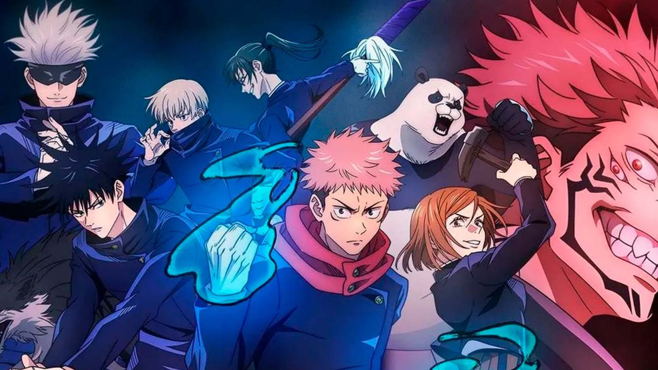 Personagens principais de Jujutsu Kaisen incluindo Yuji Itadori, Satoru Gojo, Megumi Fushiguro, Nobara Kugisaki e Sukuna em arte promocional do arco final