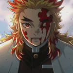 Kyojuro Rengoku sorrindo com sangue no rosto após a batalha contra Akaza no filme Mugen Train de Demon Slayer