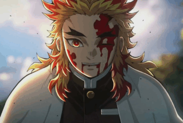 Kyojuro Rengoku sorrindo com sangue no rosto após a batalha contra Akaza no filme Mugen Train de Demon Slayer