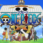 Logo do anime One Piece com o navio Thousand Sunny ao fundo e a tripulação dos Chapéus de Palha: Luffy, Zoro, Nami, Usopp, Sanji, Chopper, Robin, Franky e Brook