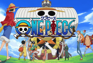 Logo do anime One Piece com o navio Thousand Sunny ao fundo e a tripulação dos Chapéus de Palha: Luffy, Zoro, Nami, Usopp, Sanji, Chopper, Robin, Franky e Brook