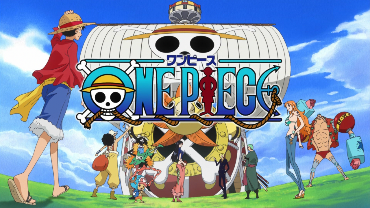 Logo do anime One Piece com o navio Thousand Sunny ao fundo e a tripulação dos Chapéus de Palha: Luffy, Zoro, Nami, Usopp, Sanji, Chopper, Robin, Franky e Brook